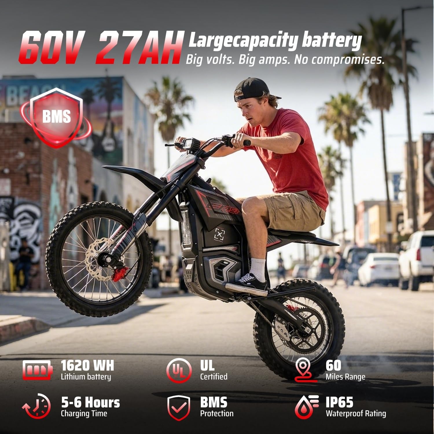 Electric Dirt Bike with Mid-Drive Motor 3840/5600W Peak,Electric Motorcycle 48V/60V 23.4Ah/27Ah Battery,Ul Certified Off-Road Motorcycle for Teens & Adults, Hydraulic Brakes & Dual Shock