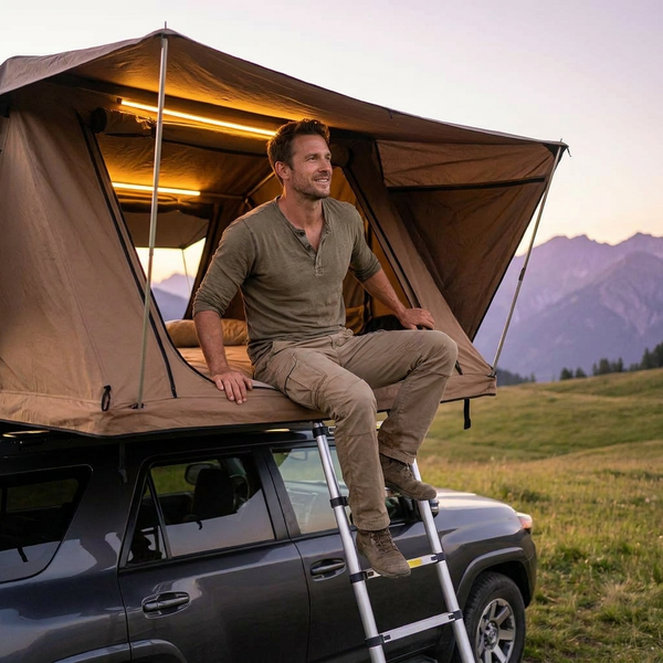 Rooftop Tent Designed for Adventure Travel, Hard Shell Construction, 2-3 Person Capacity, LED Light & Ladder