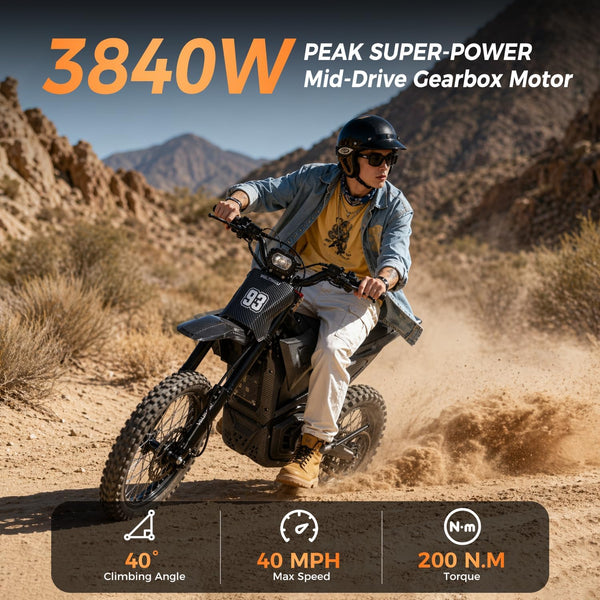 Electric Dirt Bike for Teens Adults, Mid-Drive Motor 3840W Peak, Electric Motorcycle 48V 23.4Ah Battery, 40Mph, Full Hydraulic Brakes and Suspensions Mountain Off-Road E Dirt Bike, Black/12+
